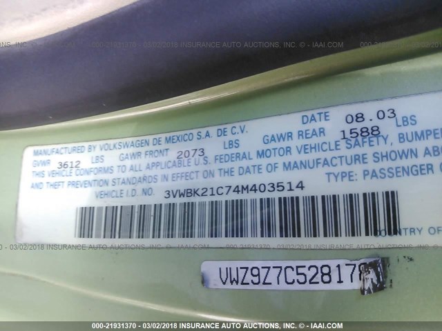 3VWBK21C74M403514 - 2004 VOLKSWAGEN NEW BEETLE GL 绿色 照片 9