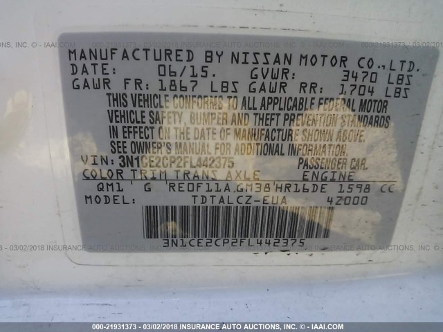 3N1CE2CP2FL442375 - 2015 NISSAN VERSA NOTE S/S PLUS/SV/SL/SR WHITE photo 9
