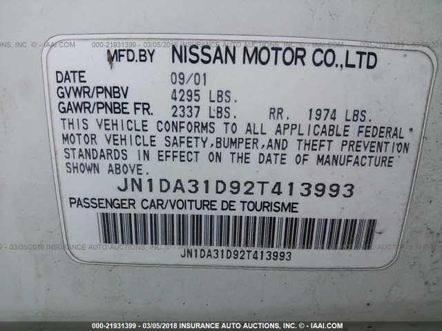 JN1DA31D92T413993 - 2002 NISSAN MAXIMA GLE/GXE/SE WHITE photo 9