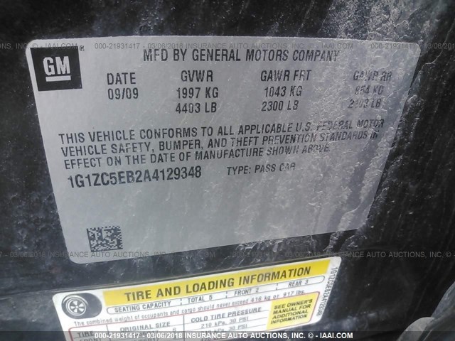 1G1ZC5EB2A4129348 - 2010 CHEVROLET MALIBU 1LT 黑色 照片 9