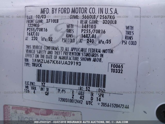 1FMZU67KX4UA39193 - 2004 FORD EXPLORER SPORT TR  WHITE photo 9