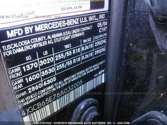 4JGCB65E76A032005 - 2006 MERCEDES-BENZ R 350 BLACK photo 9