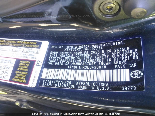 4T1BF1FK3EU436018 - 2014 TOYOTA CAMRY L/SE/LE/XLE 深蓝色 照片 9