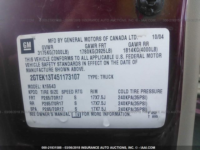 2GTEK13T451173107 - 2005 GMC NEW SIERRA K1500 MAROON photo 9