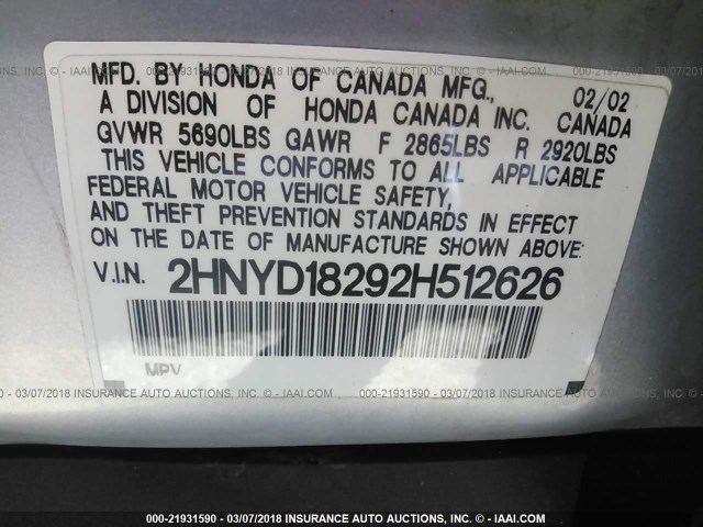 2HNYD18292H512626 - 2002 ACURA MDX SILVER photo 9