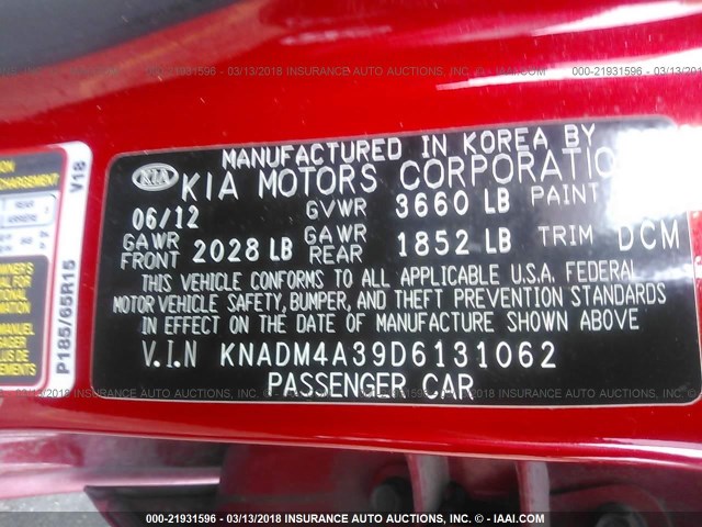 KNADM4A39D6131062 - 2013 KIA RIO LX RED photo 9