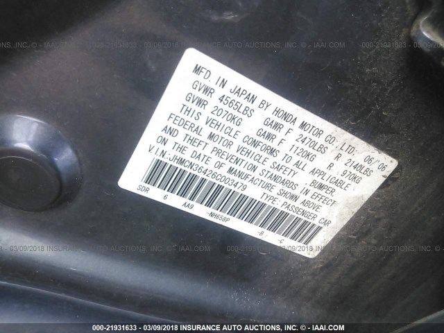 JHMCN36426C003479 - 2006 HONDA ACCORD HYBRID GRAY photo 9