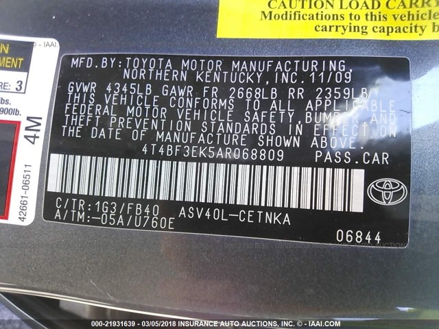 4T4BF3EK5AR068809 - 2010 TOYOTA CAMRY SE/LE/XLE Сұр фото 9