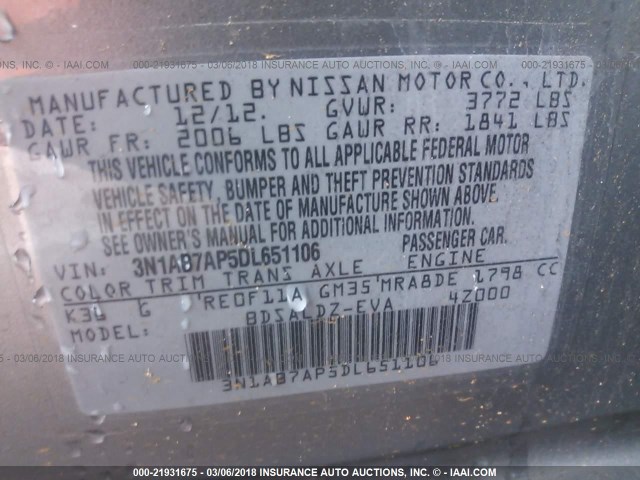 3N1AB7AP5DL651106 - 2013 NISSAN SENTRA S/SV/SR/SL SILVER photo 9