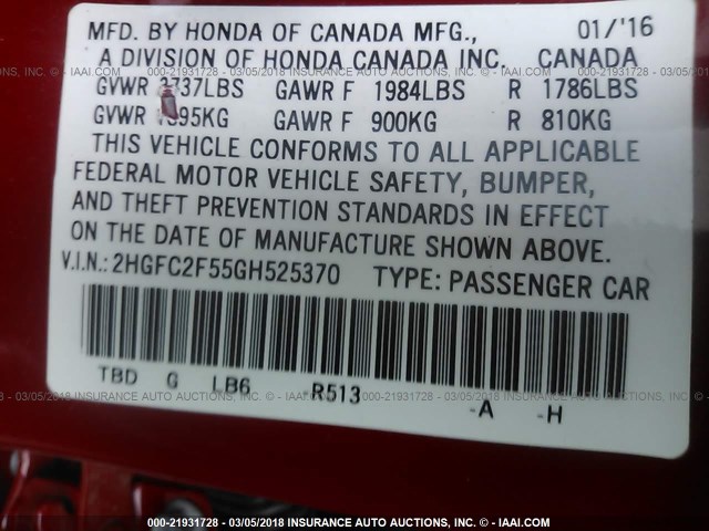 2HGFC2F55GH525370 - 2016 HONDA CIVIC LX RED photo 9