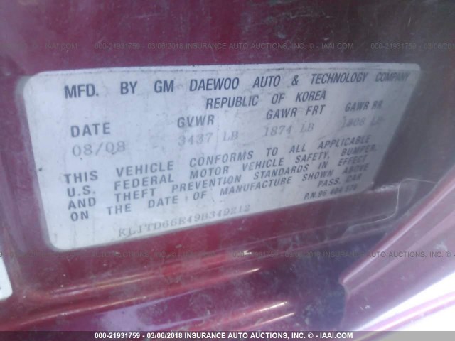 KL1TD66E49B349212 - 2009 CHEVROLET AVEO LS/LT 红色 照片 9