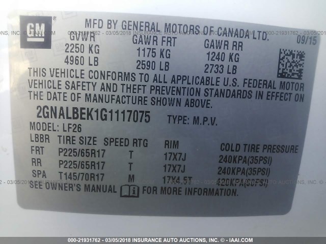 2GNALBEK1G1117075 - 2016 CHEVROLET EQUINOX LS WHITE photo 9