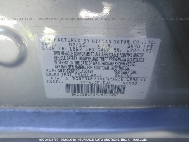 3N1CE2CP3FL450176 - 2015 NISSAN VERSA NOTE S/S PLUS/SV/SL/SR GRAY photo 9