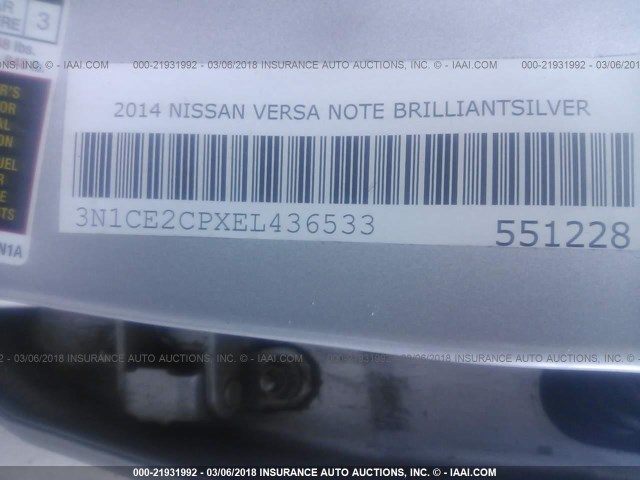 3N1CE2CPXEL436533 - 2014 NISSAN VERSA NOTE S/S PLUS/SV/SL SILVER photo 9