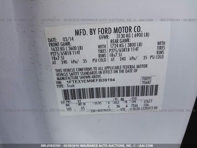 1FTEX1EM9EFB39194 - 2014 FORD F150 SUPER CAB WHITE photo 9