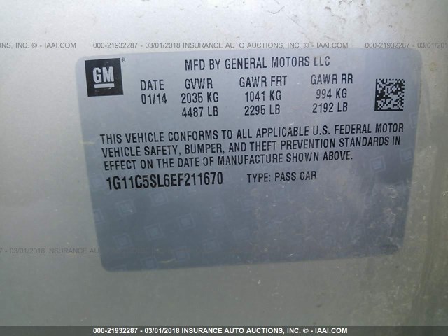 1G11C5SL6EF211670 - 2014 CHEVROLET MALIBU 1LT 金色 照片 9