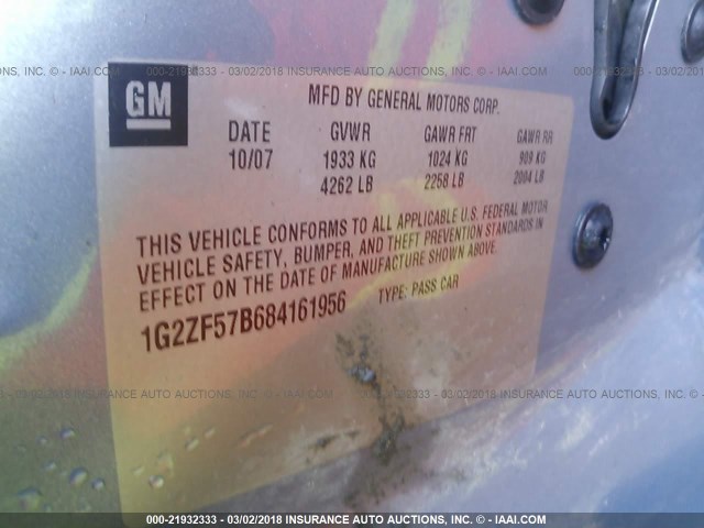 1G2ZF57B684161956 - 2008 PONTIAC G6 VALUE LEADER/BASE BLUE photo 9