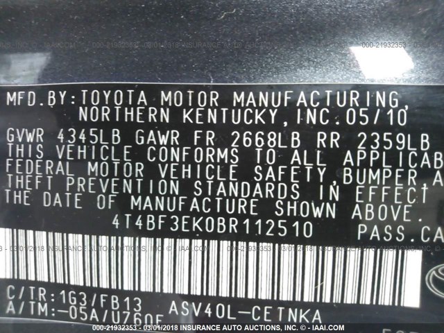 4T4BF3EK0BR112510 - 2011 TOYOTA CAMRY SE/LE/XLE Серый фото 9