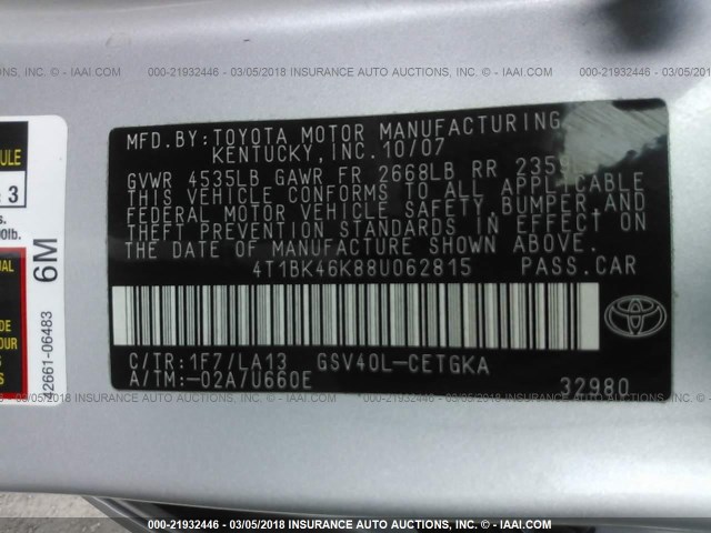 4T1BK46K88U062815 - 2008 TOYOTA CAMRY LE/XLE/SE ვერცხლისფერი ფოტო 9