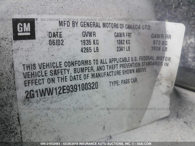 2G1WW12E939100320 - 2003 CHEVROLET MONTE CARLO LS თეთრი ფოტო 9