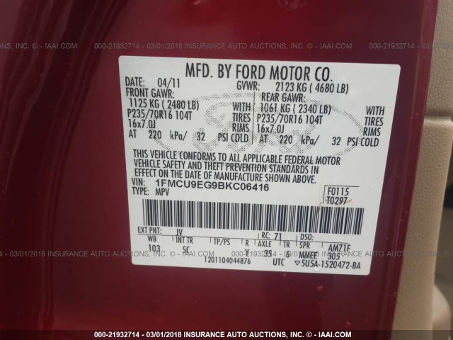 1FMCU9EG9BKC06416 - 2011 FORD ESCAPE LIMITED RED photo 9