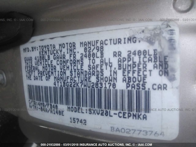 4T1BG22K7WU283170 - 1998 TOYOTA CAMRY CE/LE/XLE TAN photo 9