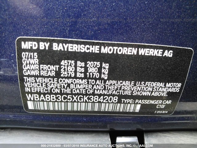 WBA8B3C5XGK384208 - 2016 BMW 340 I Կապույտ լուսանկար 9