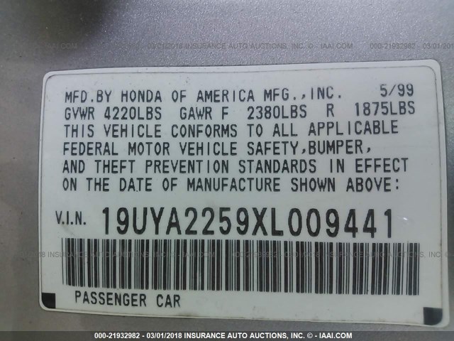 19UYA2259XL009441 - 1999 ACURA 3.0CL TAN photo 9