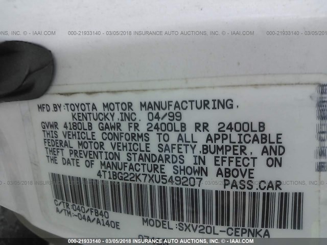 4T1BG22K7XU549207 - 1999 TOYOTA CAMRY CE/LE/XLE 白色 照片 9