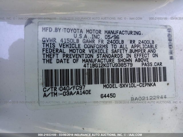 4T1BG12K0TU938579 - 1996 TOYOTA CAMRY DX/LE/XLE WHITE photo 9