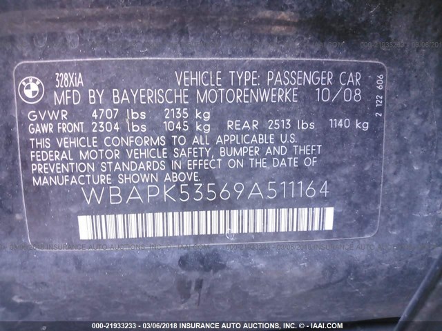 WBAPK53569A511164 - 2009 BMW 328 XI SULEV BLACK photo 9