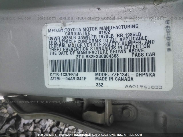 2T1LR32EX3C004368 - 2003 TOYOTA COROLLA MATRIX XR SILVER photo 9