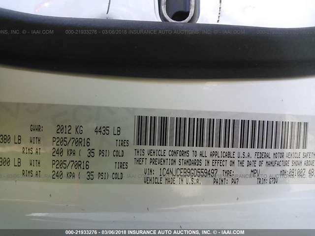 1C4NJCEB9GD559497 - 2016 JEEP COMPASS LATITUDE 白色 照片 9