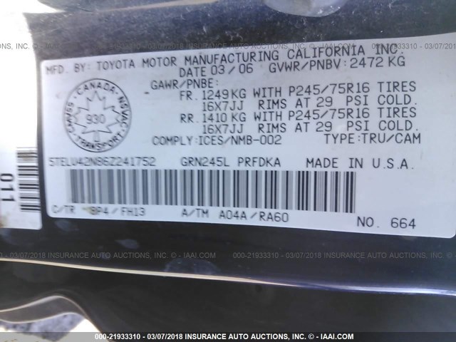 5TELU42N86Z241752 - 2006 TOYOTA TACOMA DOUBLE CAB მუქი ლურჯი ფოტო 9