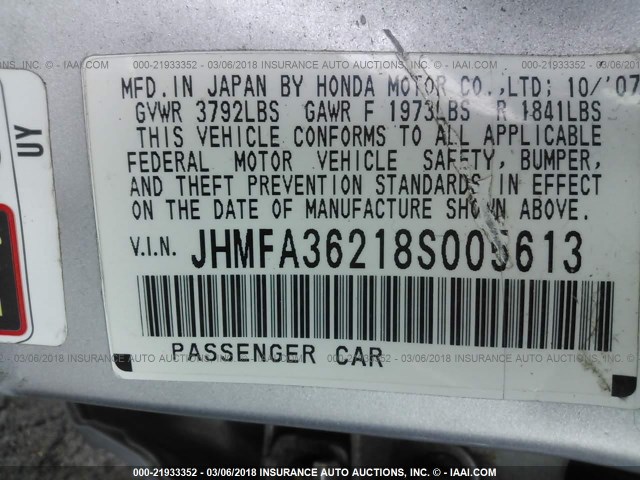 JHMFA36218S005613 - 2008 HONDA CIVIC HYBRID SILVER photo 9