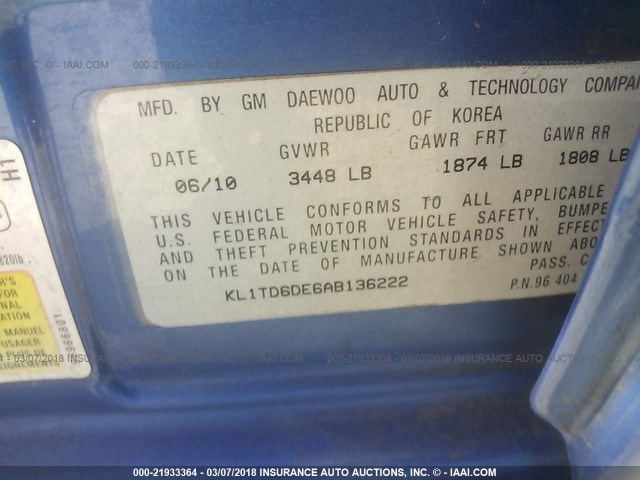 KL1TD6DE6AB136222 - 2010 CHEVROLET AVEO LS/LT 蓝色 照片 9