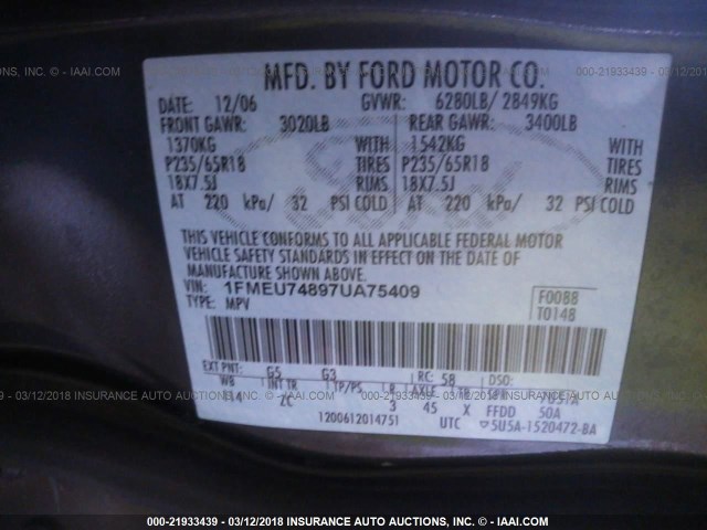 1FMEU74897UA75409 - 2007 FORD EXPLORER EDDIE BAUER GRAY photo 9