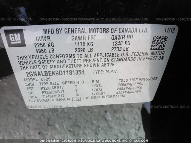 2GNALBEK9D1181358 - 2013 CHEVROLET EQUINOX LS BLACK photo 9