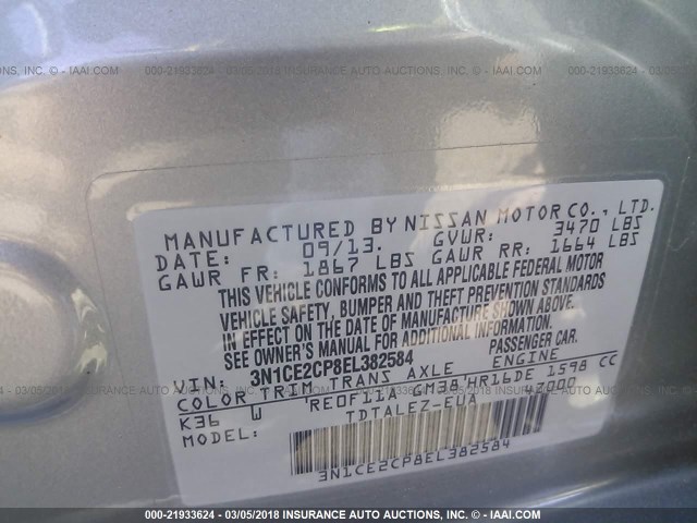 3N1CE2CP8EL382584 - 2014 NISSAN VERSA NOTE S/S PLUS/SV/SL GRAY photo 9