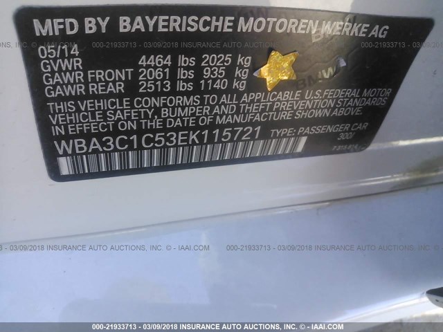 WBA3C1C53EK115721 - 2014 BMW 328 I SULEV WHITE photo 9