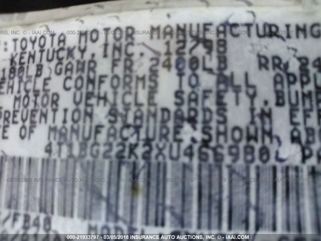 4T1BG22K2XU466980 - 1999 TOYOTA CAMRY CE/LE/XLE 栗色 照片 9