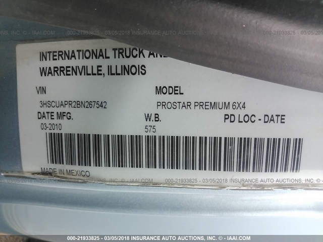 3HSCUAPR2BN267542 - 2011 INTERNATIONAL PROSTAR PREMIUM  BLUE photo 10