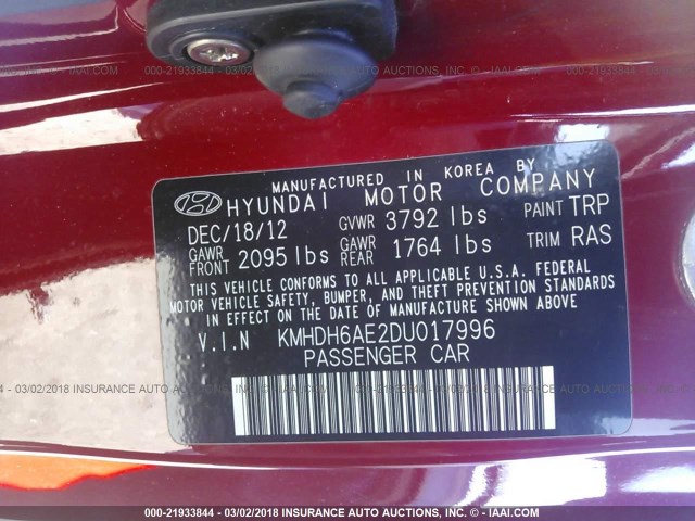 KMHDH6AE2DU017996 - 2013 HYUNDAI ELANTRA COUPE GS/SE RED photo 9