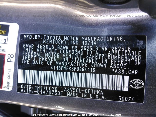 4T1BF1FK5FU884116 - 2015 TOYOTA CAMRY LE/XLE/SE/XSE GRAY photo 9