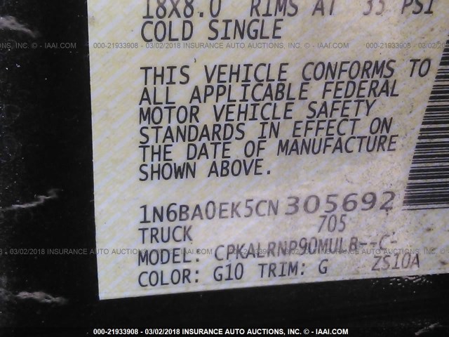 1N6BA0EK5CN305692 - 2012 NISSAN TITAN S/SV/SL/PRO-4X 黑色 照片 9