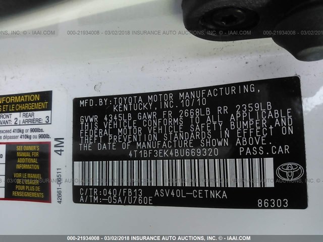 4T1BF3EK4BU669320 - 2011 TOYOTA CAMRY SE/LE/XLE Белый фото 9