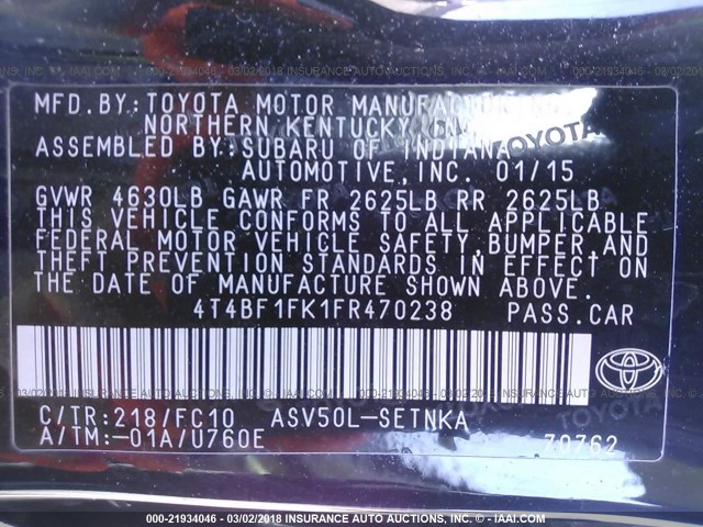 4T4BF1FK1FR470238 - 2015 TOYOTA CAMRY LE/XLE/SE/XSE 黑色 照片 9