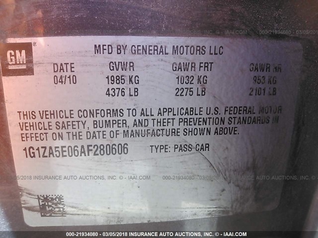 1G1ZA5E06AF280606 - 2010 CHEVROLET MALIBU LS 灰色 照片 9