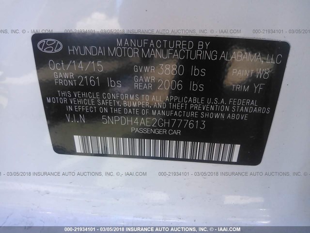 5NPDH4AE2GH777613 - 2016 HYUNDAI ELANTRA SE/SPORT/LIMITED WHITE photo 9