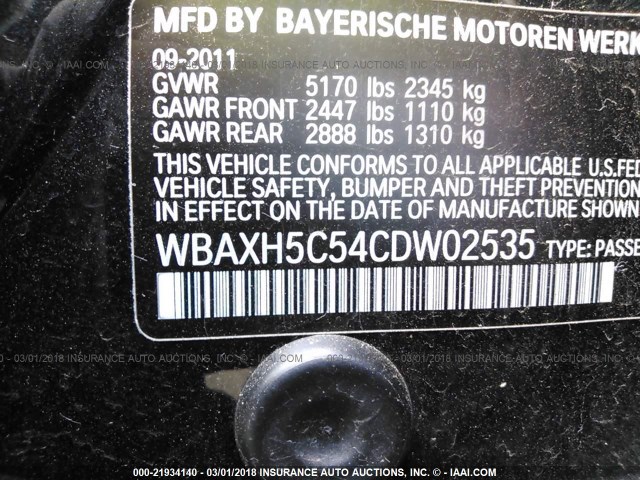 WBAXH5C54CDW02535 - 2012 BMW 528 XI BLACK photo 9